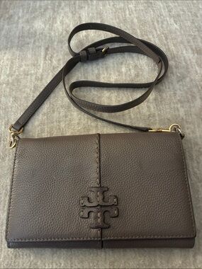 Tory Burch Brown Pebbled Leather Crossbody Wallet
